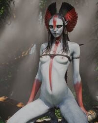 ai_generated avatar avatar:_fire_and_ash blue_skin braided_hair braids forest headdress kneeling na'vi varang varang_(avatar)