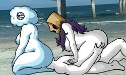2girls1boy bald bald_female beach belly belly_button black_eyes blue_eyes blue_nipples breasts chetoh chubby chubby_female claire_(chetoh) claudia_(chetoh) close_(chetoh) cloud cloud_humanoid commission commissioner_upload completely_nude egg eggmale facesitting female fusion fusion_character grabbing_another's_ass grabbing_ass grey_nipples looking_down looking_down_at_another male moaning moaning_in_pleasure naked naked_female naked_male nipples nude nude_beach nude_female nude_male oc original original_character original_characters paper_bag paper_bag_on_head photo_background pubic_hair purple_hair riding_penis rose_(chetoh) sex threesome threesome_sex white_body