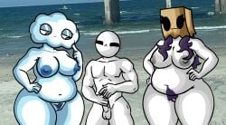 2girls1boy bald bald_female beach belly belly_button black_eyes blue_eyes blue_nipples blue_pubic_hair breasts carpet_matching_drapes chetoh chubby chubby_female claire_(chetoh) claudia_(chetoh) close_(chetoh) cloud cloud_humanoid commission commissioner_upload completely_nude egg eggmale embarrassed embarrassed_male erect_penis female finger_on_face fusion fusion_character grey_nipples hand_on_hip happy_trail height_difference hiding_erection hiding_penis looking_down looking_down_at_another male naked naked_female naked_male nipples nude nude_beach nude_female nude_male oc original original_character original_characters paper_bag paper_bag_on_head penis photo_background pubic_hair purple_hair purple_pubic_hair pussy rose_(chetoh) shorter_male shorter_male/taller_female smile smiling sweating taller_female white_body
