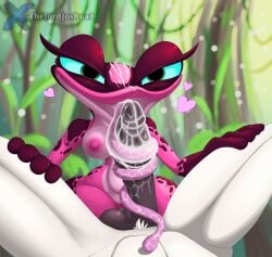 amphibian anthro avian balls big_penis bird blue_sky_studios bodily_fluids cockatoo cum cum_in_mouth cum_inside cum_on_face cum_on_penis curvy_figure duo elapid_(snake) fellatio female first_person_view forest frog gabi_(rio) genital_fluids genitals green_eyes happy heart_symbol hi_res huge_cock huge_thighs interspecies jungle long_tongue looking_at_another looking_pleasured male male/female mamba nigel_(rio) nipples oral parrot penile penis pink_body pink_skin plant poison_dart_frog reptile rio_(series) saliva saliva_on_penis scalie sex shortstack shortstack_female size_difference smaller_female snake thelordjoshua1 thick_thighs tongue tree