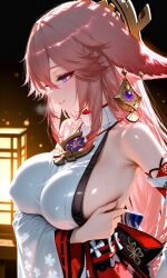 ai_generated bare_shoulders big_breasts blush breasts curvy curvy_figure genshin_impact nipple_bulge pink_hair purple_eyes sexy sexy_body sideboob smile smiley_face squeezing squeezing_breast yae_miko yae_miko_(genshin_impact)