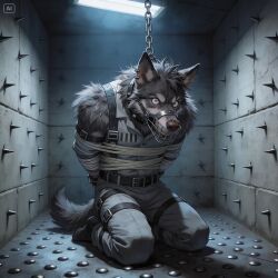ai_art ai_generated anthro arms_behind_back arms_tied arrest bare_paws bare_shoulders barefoot belt biped bondage bound brown_fur cage_muzzle canid canine canis ceiling_chain chains contraption contraption_concept convict crime criminal cry degradation deserved_punishment dungeon fluffy_tail forced forced_restraint forever_restraint fur furry gag gray_fur hanging_chain harness head_harness humiliation inmate kneeling leather_harness leather_straps long_term_bondage male male_only metal_muzzle muscular muscular_male muzzle muzzled on_knees pain permanent_restraint pointed_ears predicament_bondage prison prison_cell prison_uniform prisoner punishment restrained restraints rope_bondage ropes solo spasms spiked_walls straps stress_position striped submissive submissive_anthro submissive_male tail tears tied_up torment torture torture_chamber villain wide_eyes wolf