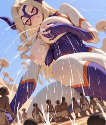 africa ai_generated blonde_hair boku_no_hero_academia day desert excessive_lactation exhibitionism horns lactation large_breasts mask mount_lady naughty_face nipple_stimulation nipples nose_blush red_eyes top_pull yu_takeyama
