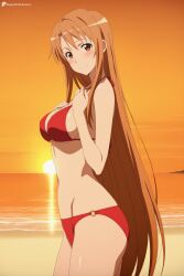 ai_generated ass asuna_(sao) bikini birth_of_venus blush breasts brown_eyes brown_hair cleavage digitalwaifugallery female female_only from_side hi_res high_quality high_resolution large_breasts long_hair looking_at_viewer navel o-ring o-ring_bottom patreon red_bikini seductive sexy shiny smile solo swimsuit uncensored underboob very_long_hair watermark yuuki_asuna
