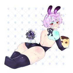 ass ass_bigger_than_head ass_focus blush bunny_ears bunnysuit content_creator cutie_hani hentai kei_nightshade looking_at_viewer looking_back pudding purple_hair red_eyes thick_thighs undead vtuber zombie zombie_kei
