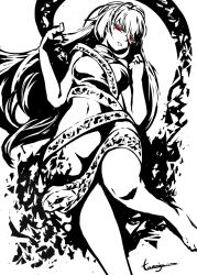 bottomless breasts female foot_out_of_frame frown greyscale half-closed_eyes hands_up high_contrast long_hair looking_at_viewer medium_breasts monochrome navel parted_lips pussy red_eyes sash snake solo spot_color tamajam touhou yuiman_asama