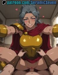 1boy 1boy1girl 1female 1girls 2025 2d ai ai_generated anime anime_style blood_of_zeus chrysanthe_(blood_of_zeus) cowgirl cowgirl_position dark-skinned_female dark_skin female female_on_top gilf grey_hair half-closed_eyes hands_on_hips heart heart_symbol hearts hearts_around_head male male/female male_penetrating male_pov mature_female milf mommy motion_lines older_female pov pov_male reaching_out reaching_towards_viewer scar scar_on_face seramic_seven smile vaginal_insertion vaginal_penetration vaginal_sex woman_on_top