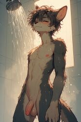 1boy ai_generated animal_humanoid animal_penis closed_eyes cute flaccid flaccid_penis foreskin furry furry_male furry_only furry_penis humanoid_genitalia humanoid_penis muscular_male penis penis_size_difference shower showering small_balls small_penis small_testicles smaller_male standing teen testicles young younger_male