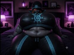 ai_generated beanie_hat bedroom_setting big_belly black_skin grey_skin hands_on_bed humongous_breasts midna nipples_visible_through_clothing orange_hair red_eyes turquoise_markings two_tone_skin yellow_sclera