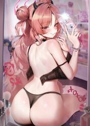 absurdres applying_makeup applying_own_makeup ass black_bra black_choker black_panties blue_archive bra bracelet breasts camera_flash cellphone chochomi choker doodle_sensei_(blue_archive) double_bun earrings fake_horns female fluffy_hair from_behind hair_bun halo highres holding holding_phone horns jewelry kirara_(blue_archive) large_breasts lipstick long_hair makeup mirror mirror_selfie nail_polish open_bra panties phone red_eyes red_hair selfie sensei_(blue_archive) solo underwear