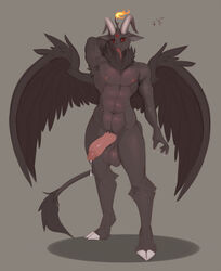 2021 abs anthro athletic athletic_anthro athletic_male balls baphomet_(deity) big_balls big_penis black_body black_fur bodily_fluids bovid caprine caprine_demon conditional_dnp deity demon dripping erection feathered_wings feathers fur genital_fluids genitals goat_demon grey_background hi_res hooves horn male mammal neck_tuft nipples penis pentacle precum precum_drip simple_background solo tuft wings wyntersun