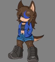 big_breasts black_sclera blue_eye blue_highlights blue_jacket brown_fur brown_hair crop_top mobian_(species) negative_mouse oc rpr_(character) rpr_(character)_(female) rpr_the_wolf rprsonic shorts sona sonic_(series) sonic_the_hedgehog_(series) thighs wolf