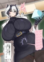 alternate_costume big_breasts black_and_white_hair black_eyes black_gloves blush book breasts classroom expressionless female female_only full_body gigantic_breasts gloves hair_between_eyes huge_breasts japanese_text labcoat low-angle_view made_in_abyss miniskirt ozen pantyhose pencil_skirt reading short_hair solo sweatdrop sweater teacher throbbing_uterus turtleneck turtleneck_sweater two-tone_hair upskirt wide_hips yaguchiyuki