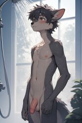 1boy ai_generated animal_humanoid animal_penis balls ballsack closed_eyes cute flaccid flaccid_penis foreskin furry furry_male furry_only furry_penis humanoid_genitalia humanoid_penis muscular_male penis penis_size_difference shower showering small_balls small_penis small_testicles smaller_male standing teen testicles young younger_male