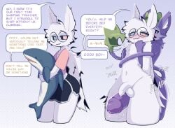 2026 antennae_(anatomy) anthro arthropod athletic_wear balls big_penis blahaj blush bodily_fluids bodyguard_position bottomwear carbanogg clothing dialogue digital_media_(artwork) duo english_text eyewear foreskin from_behind_position fur genital_fluids genitals glans glasses good_boy gym_bottomwear gym_shorts half-erect haplorhine heterochromia ikea ikea_shark insects lepidopteran long_tail male male/male mammal moki_(mokimonky) monkey moth nacho_(nachokokoni) nude onomatopoeia penis penis_size_difference pink_clothing pink_shirt pink_topwear plap precum primate purple_body purple_fur sex shark_plushie shirt shorts smile sound_effects speech_bubble standing standing_sex t-shirt tail tail_around_partner tail_mouth text thigh_sex thrusting thrusting_sound_effect topwear unusual_anatomy unusual_tail white_body white_fur wings