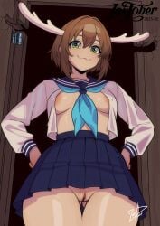 :3 absurdres antlers areola_slip blue_skirt bottomless bottomless_skirt breasts brown_hair deer_antlers female green_eyes hair_between_eyes highres horns inktober inktober_2025 looking_at_viewer medium_hair meme necktie no_panties nokotan_entering_a_classroom_(meme) pussy school_uniform self-upload shikanoko_noko shikanoko_nokonoko_koshitantan skirt solo upskirt zoobastik