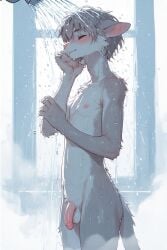 1boy ai_generated animal_humanoid animal_penis balls ballsack closed_eyes cute flaccid flaccid_penis foreskin furry furry_male furry_only furry_penis humanoid_genitalia humanoid_penis muscular_male penis penis_size_difference shower showering small_balls small_penis small_testicles smaller_male standing teen testicles young younger_male