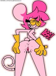absurd_res anthro ass black_nose buckteeth clothing eyewear female glasses gloves goommymuffin hair handwear hi_res mammal mouse muffin_(goommymuffin) murid murine nipples pink_body pink_ears pink_hair pink_inner_ear pink_tail pussy rat_tail red_heart rodent simple_background smile solo tail teeth the_cartoon_love white_background yellow_clothing yellow_eyewear yellow_glasses yellow_gloves yellow_handwear
