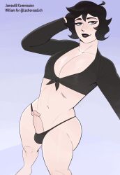 black_hair black_lipstick blue_eyes circumcised crossdressing erection femboy freckles gradient_background human jamesab lipstick looking_at_viewer messy_hair pale-skinned_male pale_skin penis solo solo_male thong wide_hips