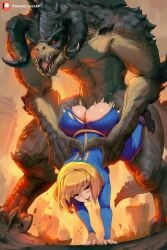 1boy 1girls ahe_gao ai_generated anthro anthro_on_human apocalypse bethesda_softworks black_eyes blonde_female blonde_hair bodysuit carried claws deathclaw drooling fallout female glowing_eyes horns jumpsuit lifted_by_another looking_at_viewer lucakp male monster monster_on_female muscular patreon patreon_link patreon_logo patreon_url patreon_username ripped_bodysuit ripped_clothing rough_sex sex sharp_teeth size_difference tagme tail thrusting thrusting_into_ass tongue tongue_out vault_girl vault_suit