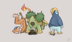 2026 ambiguous_gender ambiguous_pooping animal_genitalia anthro anus artist_name ass beak blue_body blue_eyes blue_feathers blue_tail_feathers brown_body clenched_teeth cloaca closed_eyes dated ellipsis feathers feces feces_on_ground feces_pile feral fire flaming_tail fur generation_4_pokemon genitals green_body grey_background grotle group hi_res jadeder leaf legs_up looking_back monferno narrowed_eyes nintendo open_mouth orange_body orange_fur pokemon pokemon_(species) pooping_on_floor pooping_together prinplup scat scatplay shell simple_background standing tail tail_feathers teeth text trio urate yellow_beak yellow_body
