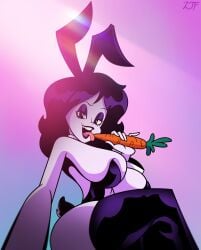 artist_signature big_breasts black_clothing black_eyes black_hair black_lipstick bottom_view breasts bubble_ass bubble_butt bunny_ears bunny_girl bunny_tail bunnysuit bust busty carrot cel_shading collar cuffs easter eyelashes eyeshadow female female_focus female_only goth goth_girl gothic gothic_girl huge_breasts large_breasts legs_crossed lens_flare licking light-skinned_female light_skin looking_at_viewer mature mature_female original original_character pale-skinned_female pale_skin purple pussy rustysh4ckl3ford shiny_clothes shiny_eyes shiny_hair shiny_lips short_hair simple_background solo solo_female suggestive sunlight thick_thighs thighhighs thunder_thighs violetta_ravenwing voluptuous voluptuous_body voluptuous_female white_skin white_skinned_female