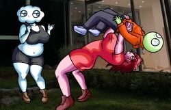 1boy 2girls 2girls1boy angry angry_expression angry_face attack bald bald_female belly belly_button black_eyes black_pants blue_eyes breasts chetoh claudia_(chetoh) clothed clothed_female clothed_male cloud cloud_humanoid concerned concerned_look craig_(chetoh) crop_top female german_suplex grabbing_another green_body hair_over_one_eye holding_male looking_at_another looking_at_partner looking_up oc original original_character original_characters pants photo_background pink_body pink_shirt pinky_(chetoh) red_eyes red_hair red_shirt shirt shoes shorts smiling smiling_at_partner suplex