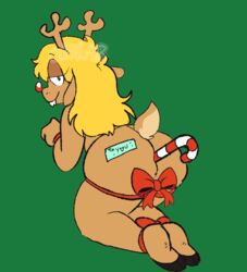 2021 anal anal_sex anthro antlers ass blonde_hair bound bow_ribbon brown_body brown_fur candy candy_cane candy_cane_in_ass candy_cane_insertion capreoline cchilab cervid christmas deltarune dessert female food food_fetish food_insertion food_play full-length_portrait fur gift_wrapped green_background hair half-closed_eyes hi_res holidays horn improvised_sex_toy kneeling legs_tied looking_at_viewer looking_back looking_back_at_viewer mammal narrowed_eyes noelle_holiday penetration portrait rear_view red_nose reindeer ribbons simple_background solo undertale_(series) video_games