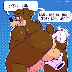 1:1 ambiguous_gender anal anal_fingering anthro ball_fondling balls banjo-kazooie banjo_(banjo-kazooie) blue_eyes blush brown_body brown_fur crazy_hand dialogue digital_media_(artwork) english_text erection fingering fizzyjay floating_hands fondling fur genitals group hi_res male male_focus male_only male_penetrated mammal master_hand nintendo nude open_mouth penetration penis rareware simple_background smile super_smash_bros. text ursid video_games