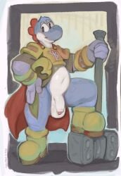 1boy absurd_res armor balls boots cape clothing dinosaur fan_character footwear foreskin furry furry_male furry_only genitals halo-pano hammer hand_on_hip headgear helmet hi_res humanoid_genitalia humanoid_penis looking_at_viewer male male_only mario_(series) nintendo penis pose posing_for_picture posing_for_the_viewer posing_nude presenting presenting_penis reptile scalie shoes shortstack shortstack_male shoulderplates smile tools yoshi