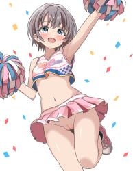 1girl absurdres ankle_socks armpits black_socks blue_eyes blush cheerleader commentary_request confetti crop_top foot_out_of_frame grey_hair hair_ears highres idolmaster idolmaster_cinderella_girls looking_at_viewer microskirt navel no_panties ohana._(komachi) open_mouth otokura_yuuki pink_shoes pink_skirt pleated_skirt pom_pom_(cheerleading) print_shirt pussy shirt shoes short_hair sidelocks simple_background skirt sleeveless sleeveless_shirt sneakers socks solo standing standing_on_one_leg stomach sweat teeth thigh_gap thighs uncensored upper_teeth_only white_background