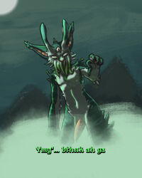 3_eyes 4_fingers anthro belly body_horror cora_the_mirromy detailed_background eldritch_horror erection featureless_crotch fingers fog foggy frostwyrm102 genitals green_body light male mirromy moon moonlight mountain multi_eye nude penis solo text white_belly