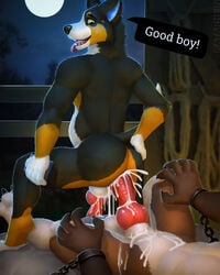 2boys 4:5 anal anal_sex animal_genitalia animal_penis balls barn big_belly big_penis bodily_fluids canid canine canine_penis canis chains cum cum_in_ass cum_inside cum_leaking deep_penetration dialogue domestic_dog duo gay genital_fluids genitals good_boy halloween hi_res holidays inflation kan katarhein knot male male/male male_only mammal moon muscular night penetration penis power_bottom smile stretching thick_penis tongue tongue_out were werecanid werecanine werewolf wolf yaoi