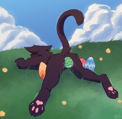 absurd_res andromorph andromorph_anthro anthro anus ass black_body black_fur blush blush_lines bodily_fluids digital_media_(artwork) domestic_cat ear_piercing easter easter_egg egg egg_laying feet felid feline felis fur genital_fluids genitals grass hi_res hindpaw holidays intersex intersex_anthro lustwasp lying lying_on_grass lying_on_ground mammal naked nude nude_anthro on_front on_grass on_ground outside pawpads paws piercing plant raised_tail solo spread_legs spreading tail trans trans_man vaginal_fluids vaginal_penetration zach_(lustwasp)