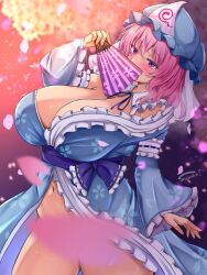 big_breasts blue_kimono cherry_blossoms pink_eyes pink_hair posing touhou unknown_artist yuyuko_saigyouji