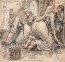 1boy 3girls age_difference ai_generated ass ass_focus bending_over chapel church church_interior clothed french_female french_text historical history huge_ass large_ass multiple_girls nun nun_uniform on_knees praying religious religious_clothing religious_girl religious_headwear size_difference staring_at_ass