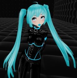 armbinder ball_gag ball_gagged bdsm_gear bdsm_outfit blue_ball_gag blue_eyes blue_hair bondage collar corset cyan_hair female female_only gagged hatsune_miku latex latex_suit padded_room prisoner restrained restraints slave_collar slim_female twintails