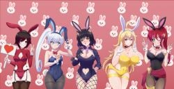 5girls black_hair black_hair_female blake_belladonna blonde_female blonde_hair blue_eyes bunny_ears bunny_girl bunnysuit cleavage easter green_eyes half-dressed half_naked half_naked_female long_hair long_hair_female maikbeelzebub pose posing purple_eyes pyrrha_nikos red_hair red_hair_female ruby_rose rwby silver_eyes weiss_schnee white_hair white_hair_female yang_xiao_long yellow_eyes