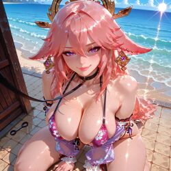 1boy 1girls ai_generated ass bed big_ass big_breasts big_nipples big_penis blowjob breasts cum cum_inside duo ejaculation erection fellatio female genshin_impact huge_breasts kitsune kitsune_youkai large_breasts light-skinned_female light-skinned_male looking_at_viewer male navel paizuri penetration penis pink_hair purple_eyes sexy summer uncensored yae_miko