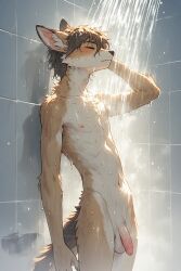 1boy ai_generated animal_humanoid animal_penis closed_eyes cute flaccid flaccid_penis foreskin furry furry_male furry_only furry_penis humanoid_genitalia humanoid_penis muscular_male penis penis_size_difference shower showering small_balls small_penis small_testicles smaller_male standing teen testicles young younger_male