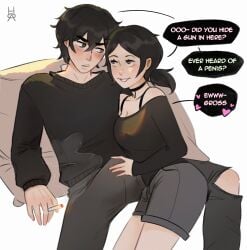 1boy 1girls 2d andrew_graves ashley_graves black_hair blush boner boner_in_pants brother_and_sister bulge bulge_through_clothing choker cigarette clothed dialogue english_text erection erection_under_clothes eye_contact female green_eyes groping_bulge groping_through_clothes incest looking_at_another looking_at_each_other looking_at_partner lying lying_on_person male phuonghoa198 pink_eyes ponytail siblings straight the_coffin_of_andy_and_leyley touching_bulge touching_penis