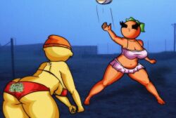 2girls anthro bald bald_female ball beanie beanie_hat belly belly_button bikini black_eyes breasts chetoh cleavage clothed clothed_female female female_focus female_only leaf leaf_hair lemon looking_up mandy_(chetoh) mini_skirt oc orange orange_beanie orange_body orange_head orange_skin original original_character original_characters outside photo_background pink_swimsuit red_bikini serving shoulder_blades smile smiling volley volleyball yellow_body yellow_skin