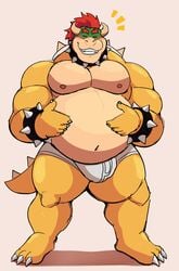 2021 absurd_res anthro belly big_belly big_bulge big_muscles blush bowser bracelet briefs bulge claws closed_eyes clothing emanata eyebrows front_view hair hand_on_stomach hi_res horn jewelry koopa male male_only mario_(series) musclegut muscular muscular_anthro muscular_male navel nintendo nipples overweight overweight_anthro overweight_male pecs scalie shell simple_background smile solo spiked_bracelet spiked_shell spiked_tail spikes spikes_(anatomy) standing teeth thick_thighs tighty_whities underwear video_games vitashi white_background white_clothing white_underwear