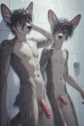 2boys ai_generated animal_humanoid animal_penis balls ballsack brothers closed_eyes cute flaccid flaccid_penis foreskin furry furry_male furry_only furry_penis humanoid_genitalia humanoid_penis muscular_male penis penis_size_difference shower showering small_balls small_penis small_testicles smaller_male standing teen testicles young younger_male