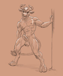 2021 abs anthro athletic athletic_anthro athletic_male balls bodily_fluids bovid bovine digital_media_(artwork) dripping erection european_mythology foreskin fur genital_fluids genitals greek_mythology hi_res hooves horn looking_at_viewer male male_only mammal marsonaut minotaur muscular muscular_anthro muscular_male mythology navel nipples nude pecs penis precum precum_drip pubes signature smile solo standing tail