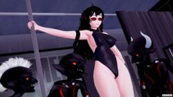 1girls 3goblin anthro arrancon black_hair black_hair_female dark-skinned_male female goblin goblin_male goblins grimm_(rwby) hand_on_hip height_difference long_hair long_hair_female male monster monster_boy multiple_males nipple_bulge one-piece_swimsuit pole raven_branwen rwby stripper_pole sunglasses