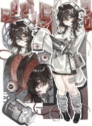 absurdres animal_ears black-framed_eyewear black_eyes black_hair black_shoes black_skirt blood blood_bag brain butterfly_hair_ornament clipboard closed_mouth commentary_request cross cross_print cross_section dress eyeball female full_body glasses goat_ears goat_girl grey_socks guro hair_ornament hat highres holding holding_clipboard holding_syringe horizontal_pupils kirihara_aki kuzakura_yako_(kirihara_aki) large_syringe legs long_hair loose_socks multicolored_socks multiple_views nurse nurse_cap original oversized_object pill portrait shoes skirt sleeves_past_wrists socks solo standing striped_clothes striped_socks syringe too_many_pills two-tone_socks white_dress white_socks yellow_pupils