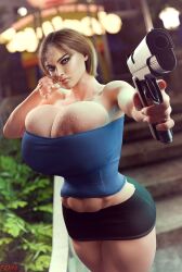 3d abs action_pose areolae areolae_slip bare_midriff bare_shoulders big_breasts blue_eyes breasts brown_hair bursting_breasts busty cigarette cleavage eyeliner female female_focus female_only gun hourglass_figure jill_valentine jill_valentine_(sienna_guillory) large_breasts makeup miniskirt muscle_tone overflowing_breasts pistol pose posing resident_evil sekaithereturn shorts skimpy skimpy_clothes skirt smoking standing tagme toned toned_female tubetop wide_hips