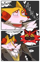 <3_eyes 2021 ahe_gao anthro anthro_on_anthro blush braixen comic dialogue duo english_text heart hi_res incineroar kingbriarturtle looking_pleasured male male/male male_braixen male_only nintendo open_mouth pokémon_(species) pokemon pokemon_(species) text video_games