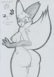 2021 anthro ass big_butt blush bodily_fluids breasts female fluffy fluffy_tail genital_fluids genitals graphite_(artwork) looking_back looking_surprised lunaris_parukia medium_breasts nintendo nipples nude open_mouth pokémon_(species) pokemon pokemon_(species) pokemorph pussy pussy_juice rear_view solo traditional_media_(artwork) video_games zangoose zelia_(lunaris_parukia)